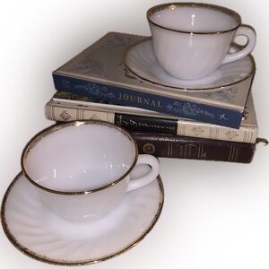 Fire King Vintage Milk Glass Gold Rim White Teacups and Saucers Set of 2 USA